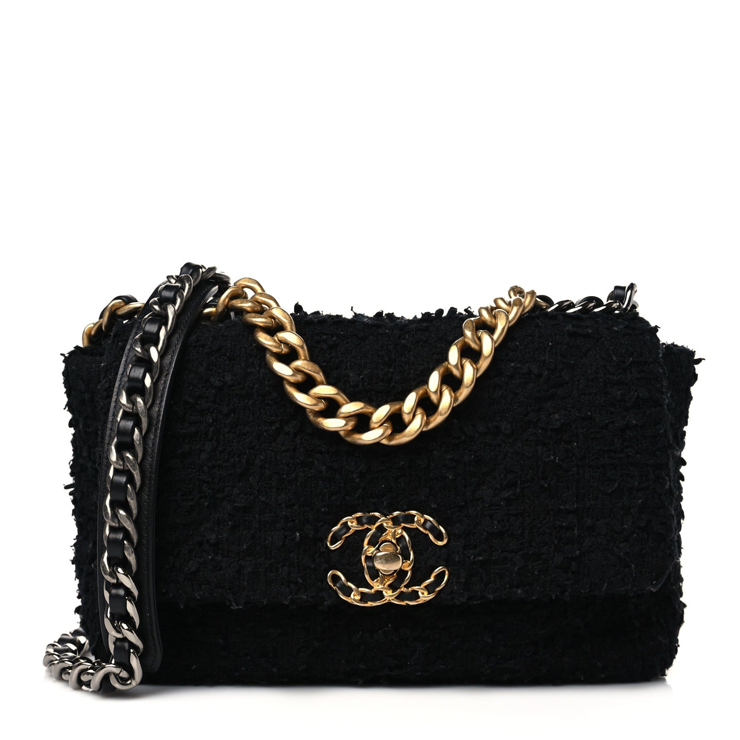 Tweed Quilted Medium Chanel 19 Flap Black