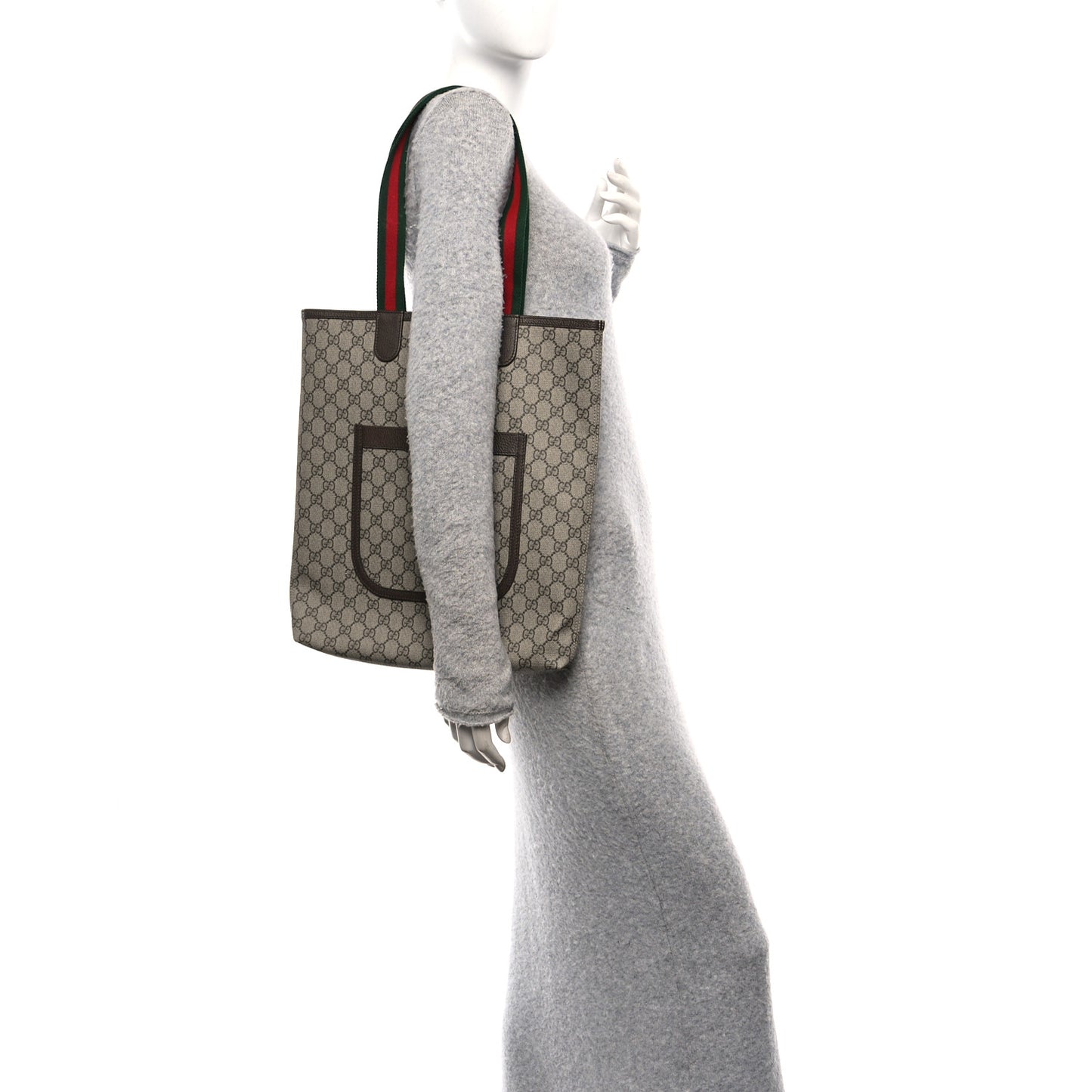 GG Supreme Monogram Web Ophidia Vertical Front Pocket Shopping Tote Brown