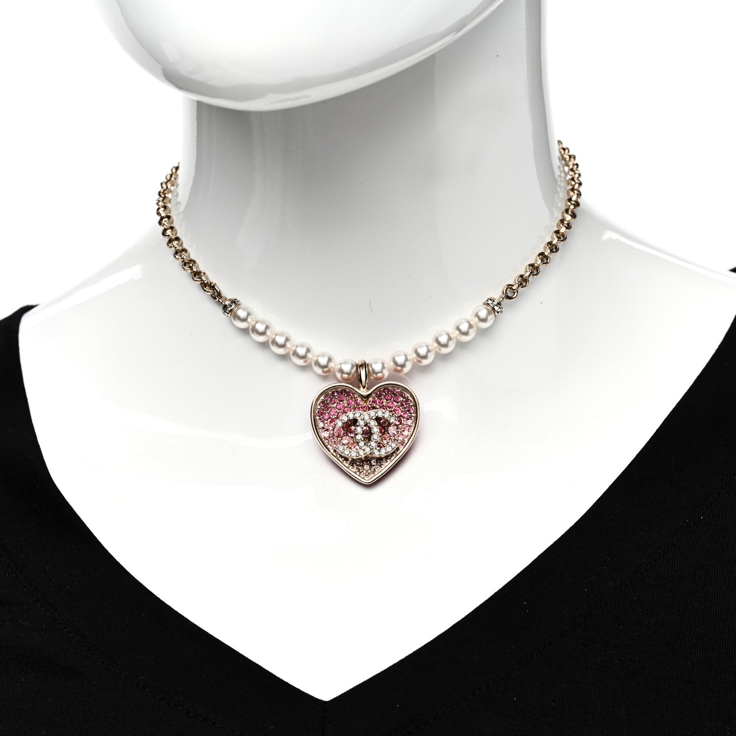 Pearl Crystal Resin CC Heart Short Necklace Pink Gold White