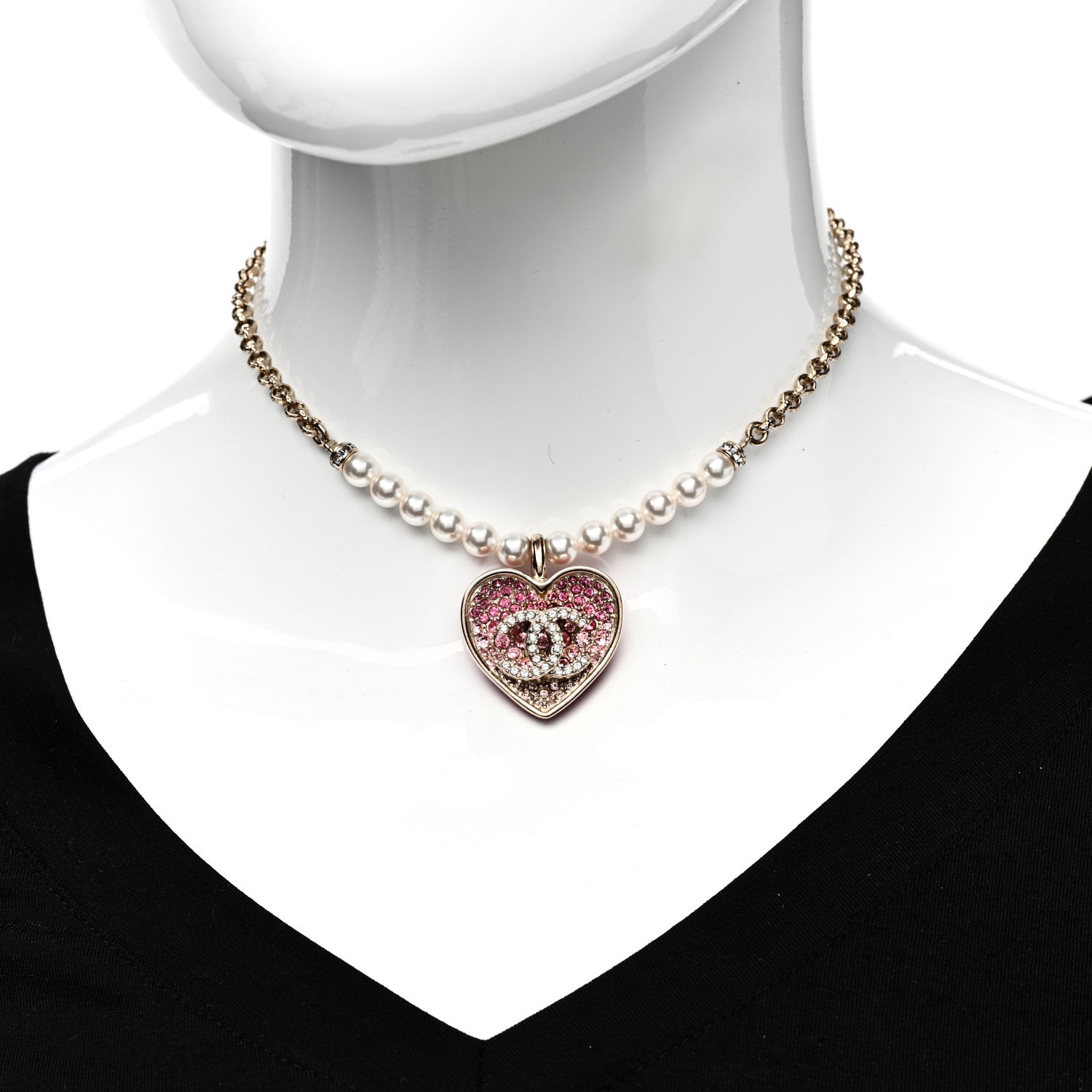Chanel Pearl Crystal Resin CC Heart Short Necklace Pink Gold White 2 of 7