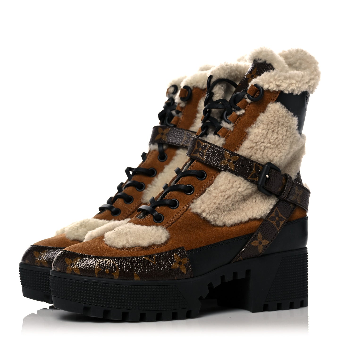 Suede Calfskin Shearling Monogram Laureate Platform Desert Boots 36 Cognac