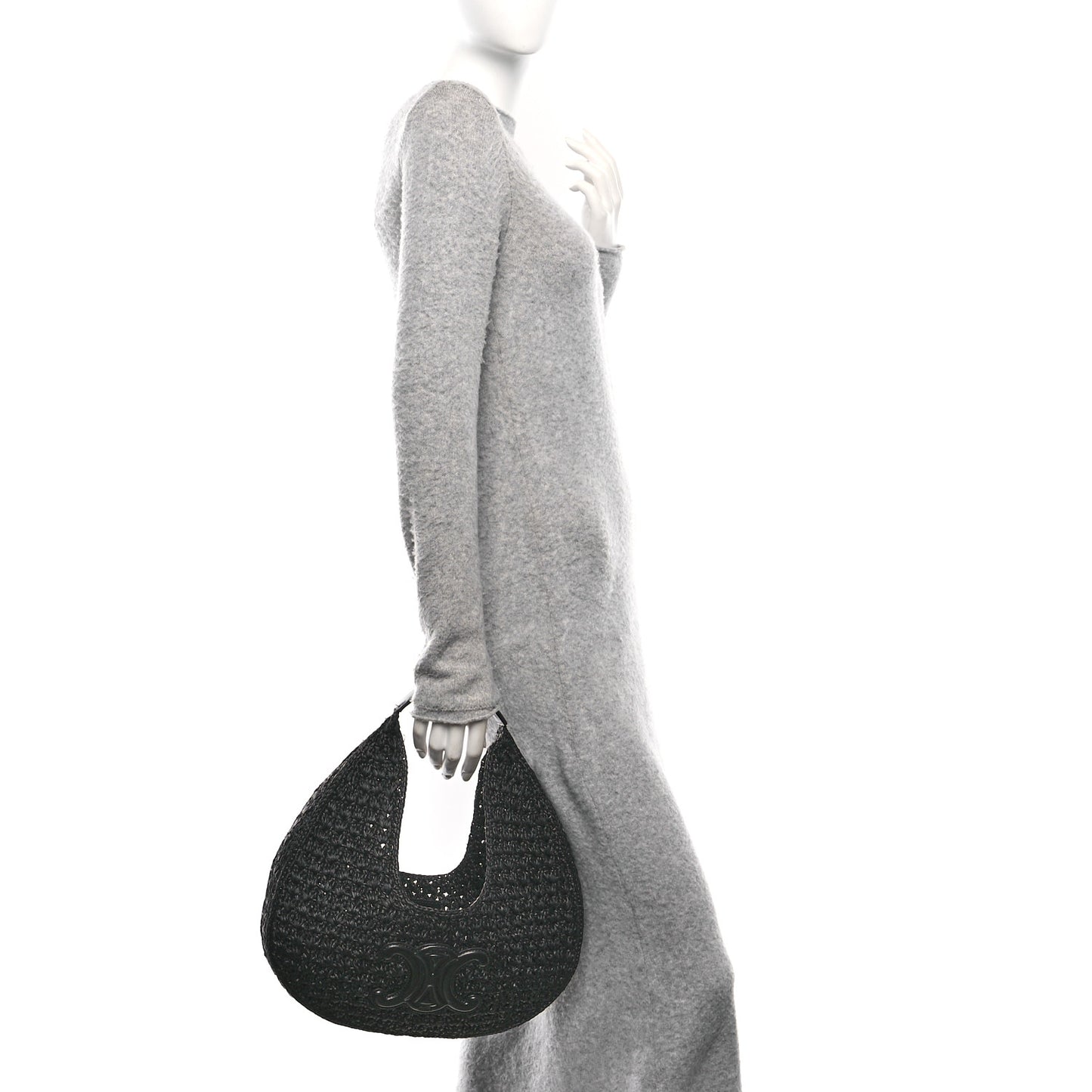 Raffia Calfskin Triomphe Panier Hobo Bag Black