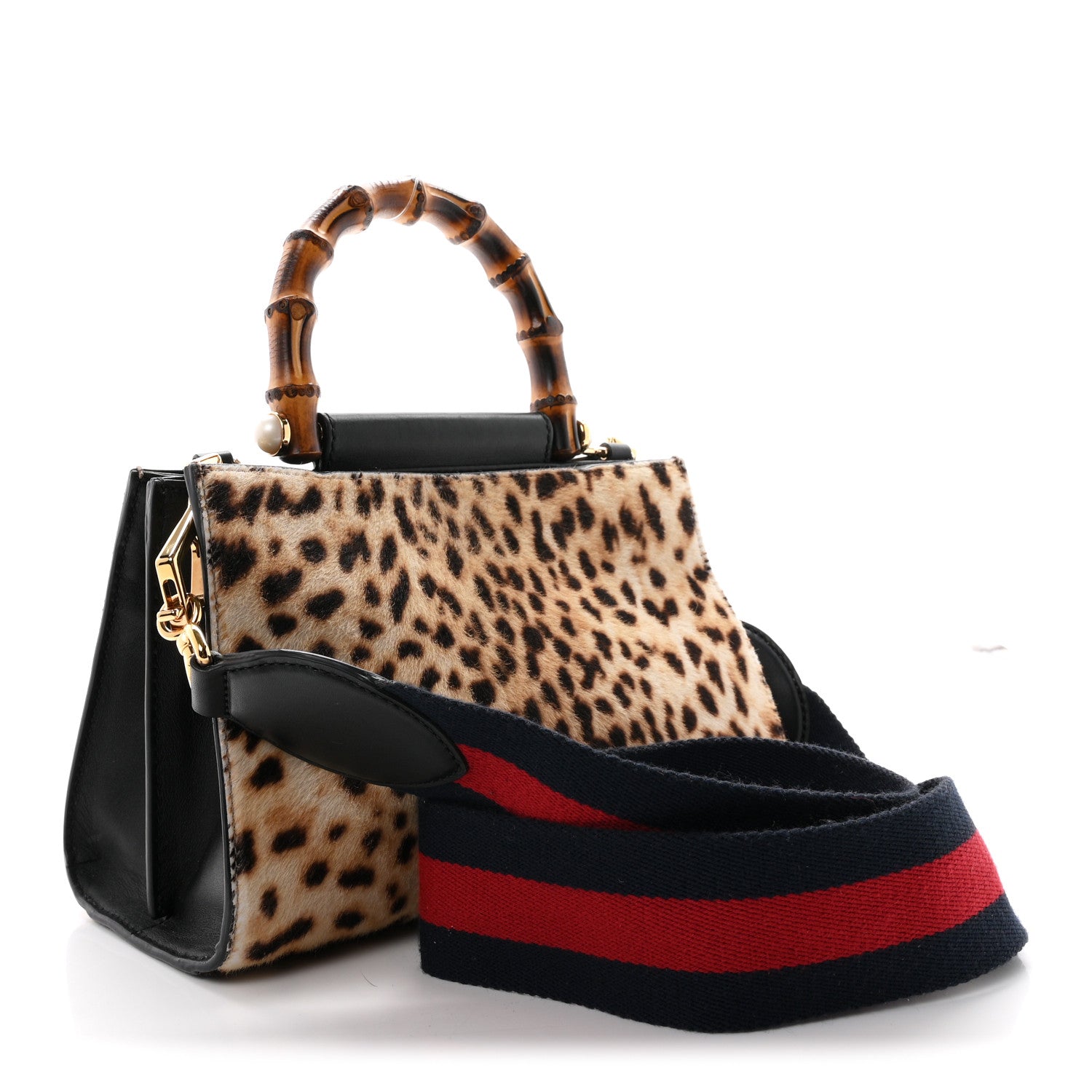Gucci Calf Hair Bamboo Web Leopard Print Mini Nymphaea Top Handle Bag 3 of 11