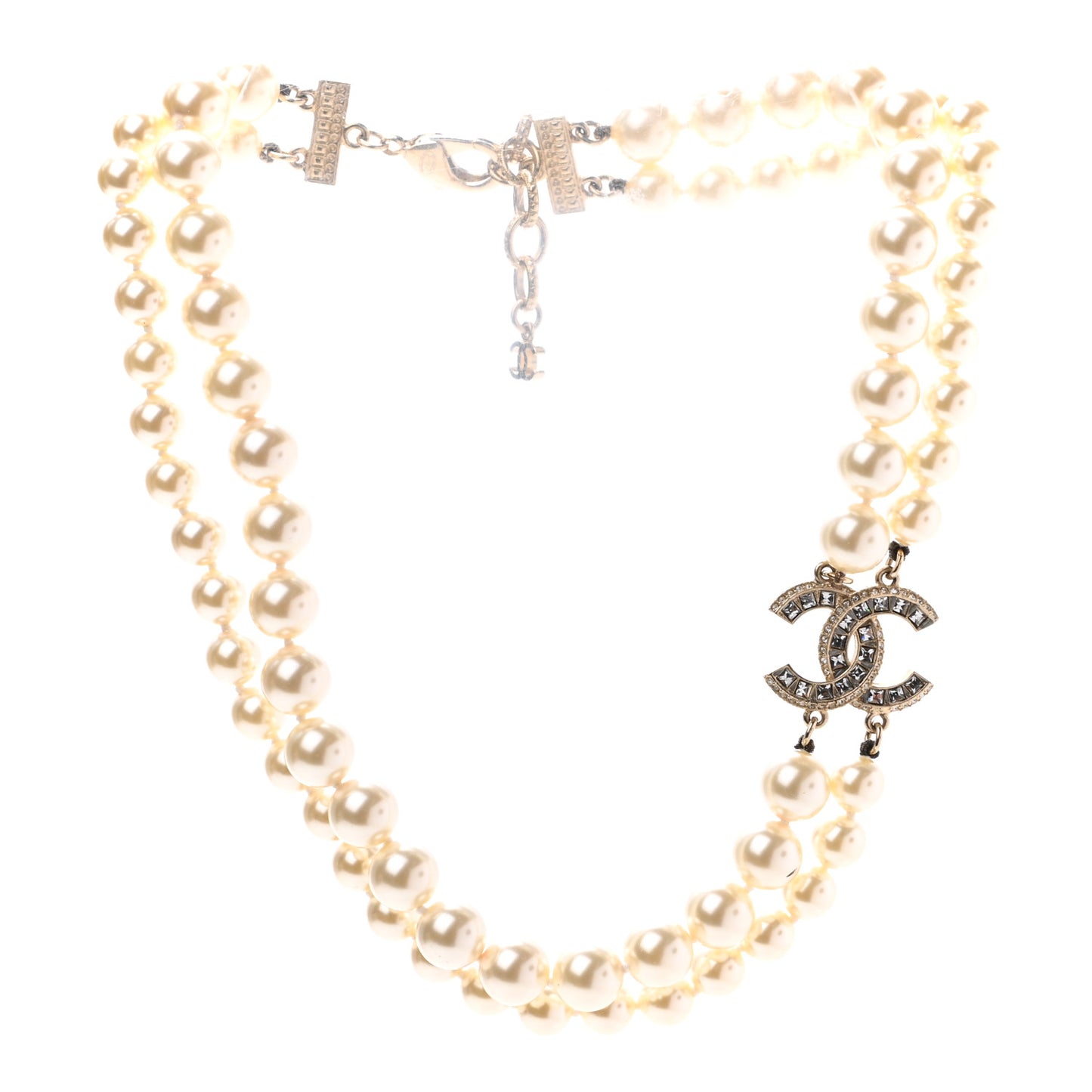 Baguette Crystal Pearl CC Double Strand Necklace Gold