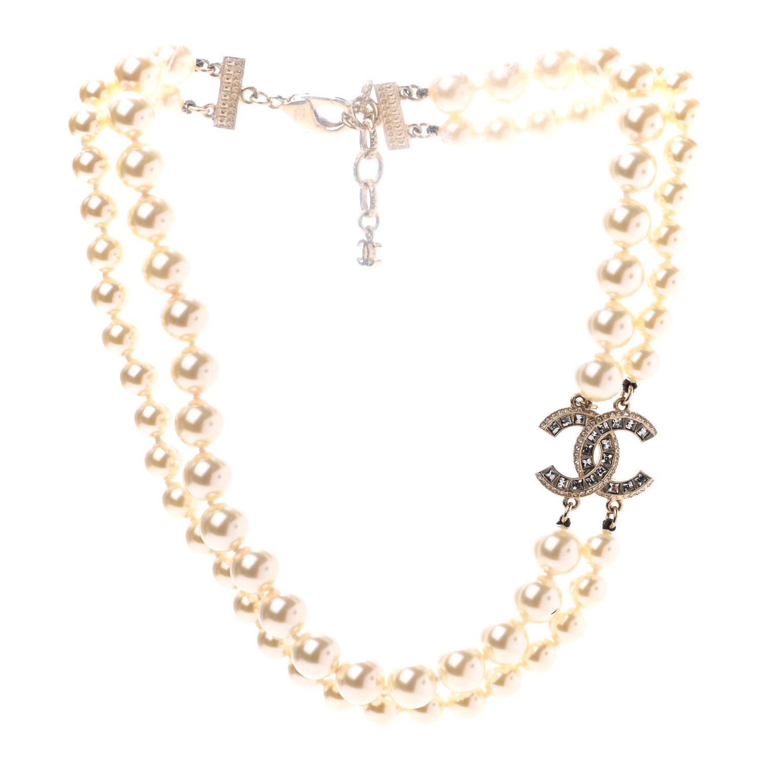 Chanel Baguette Crystal Pearl CC Double Strand Necklace Gold 3 of 5