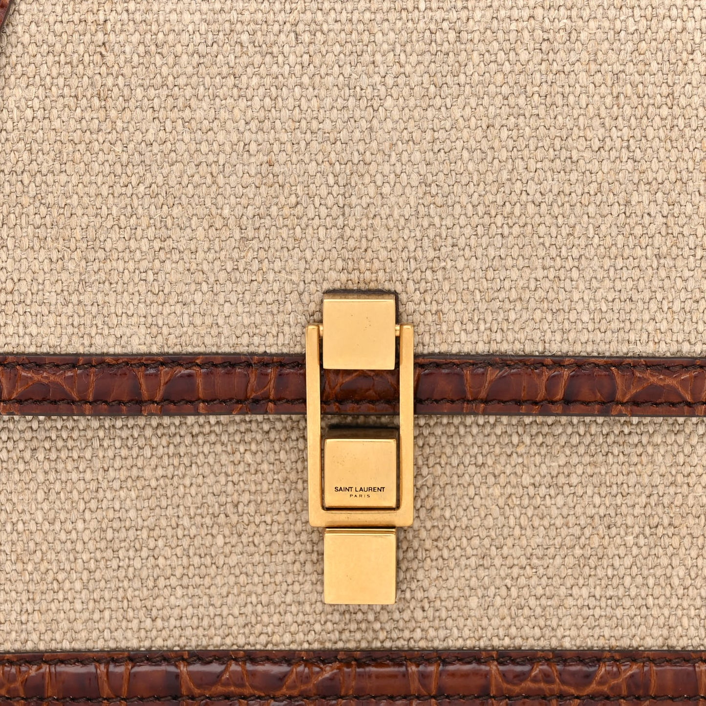 Linen Canvas Crocodile Embossed Carre Satchel Natural Brown