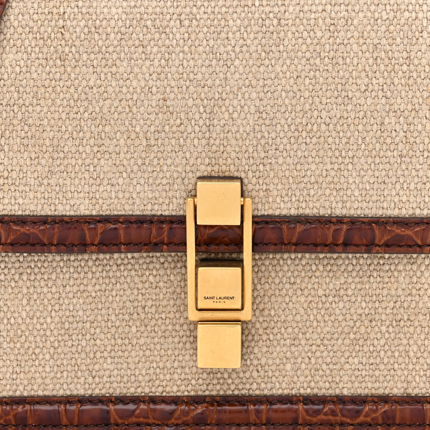 Saint Laurent Linen Canvas Crocodile Embossed Carre Satchel Natural Brown 8 of 11