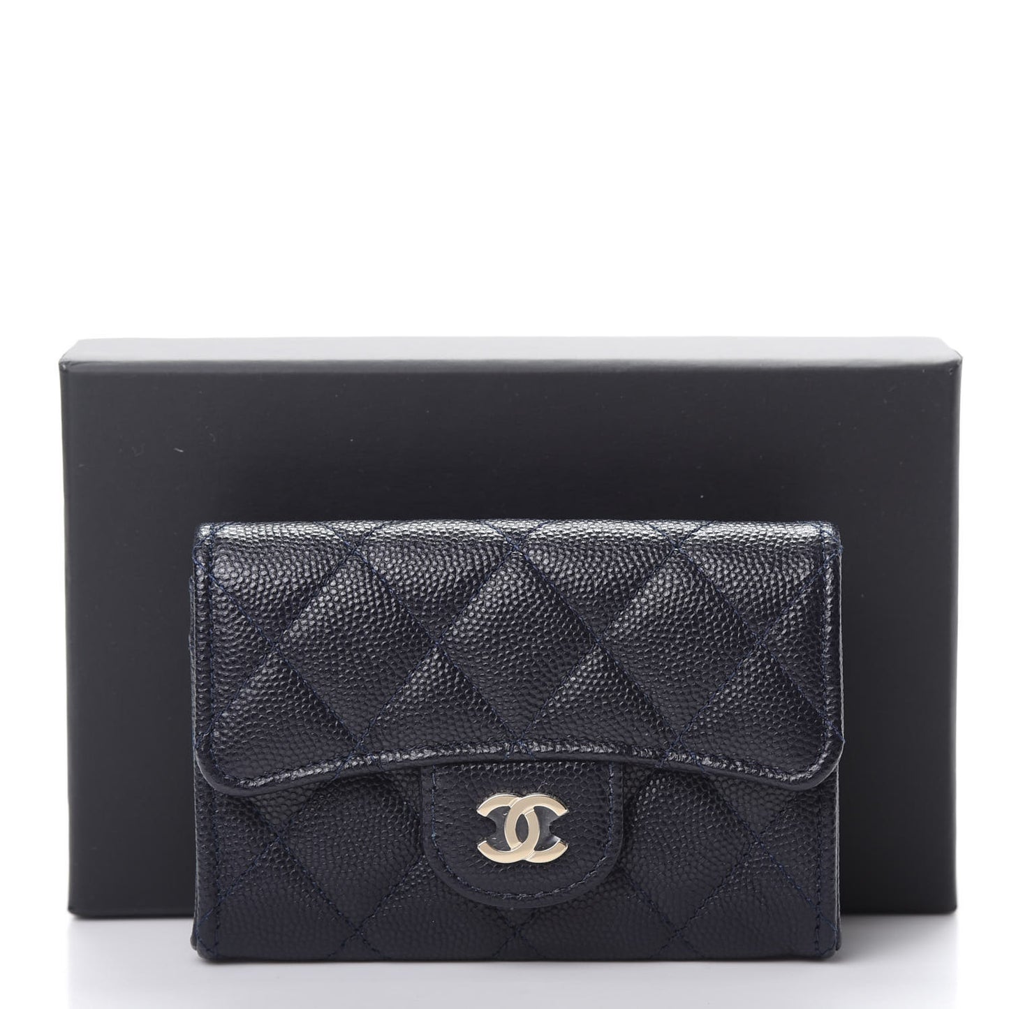 Caviar Quilted Flap Card Holder Dark Blue