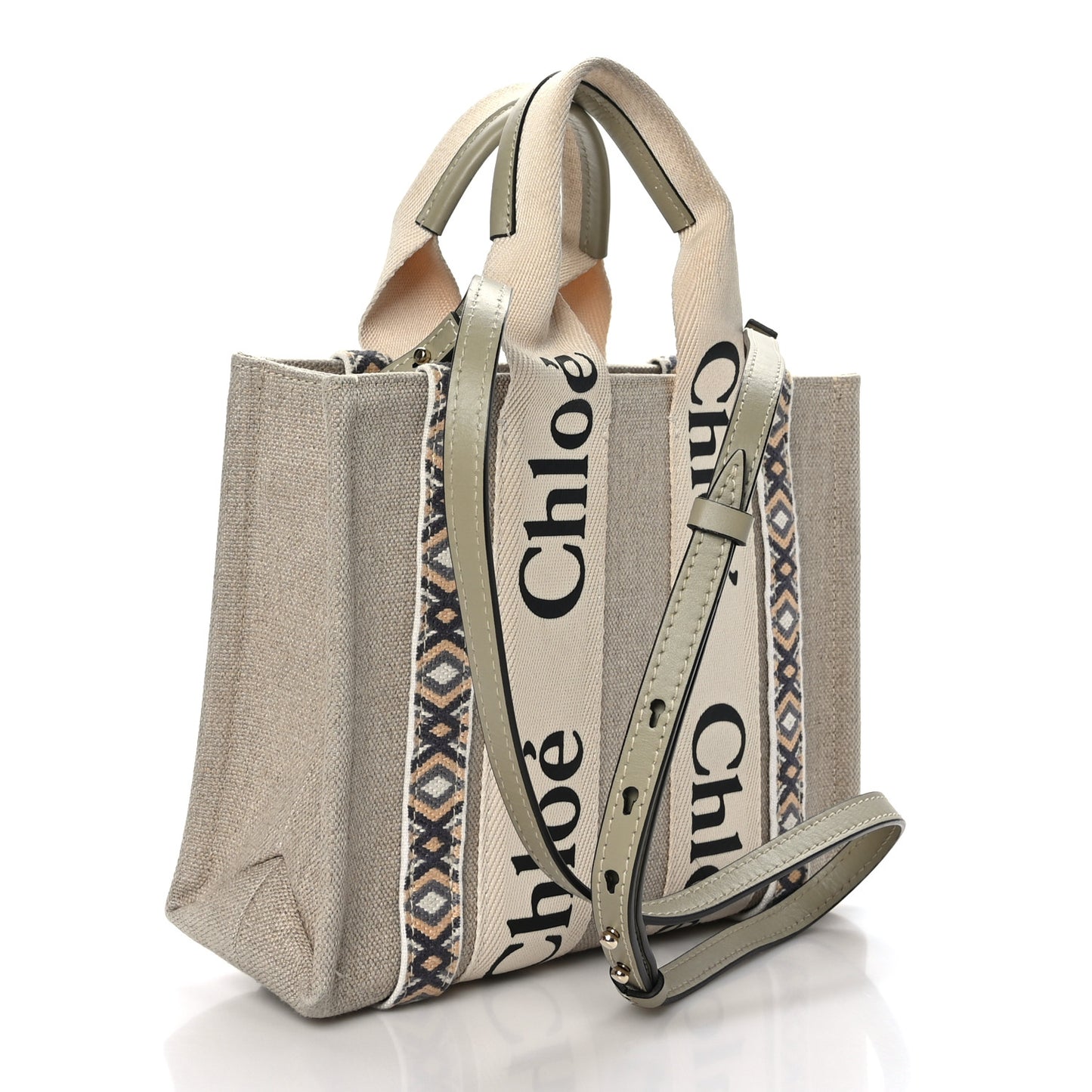 Cotton Calfskin Small Woody Ribbon Tote With Strap Slate Green