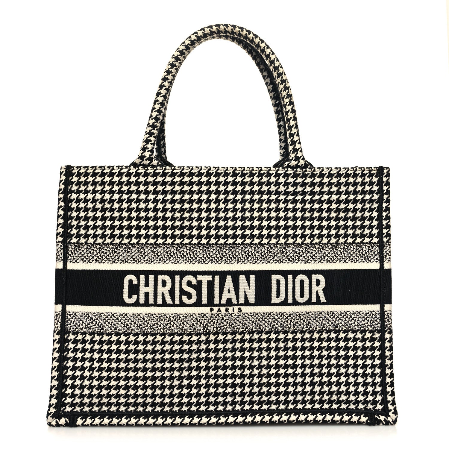 Christian Dior Canvas Houndstooth Embroidered Medium Book Tote Black White 1 of 13