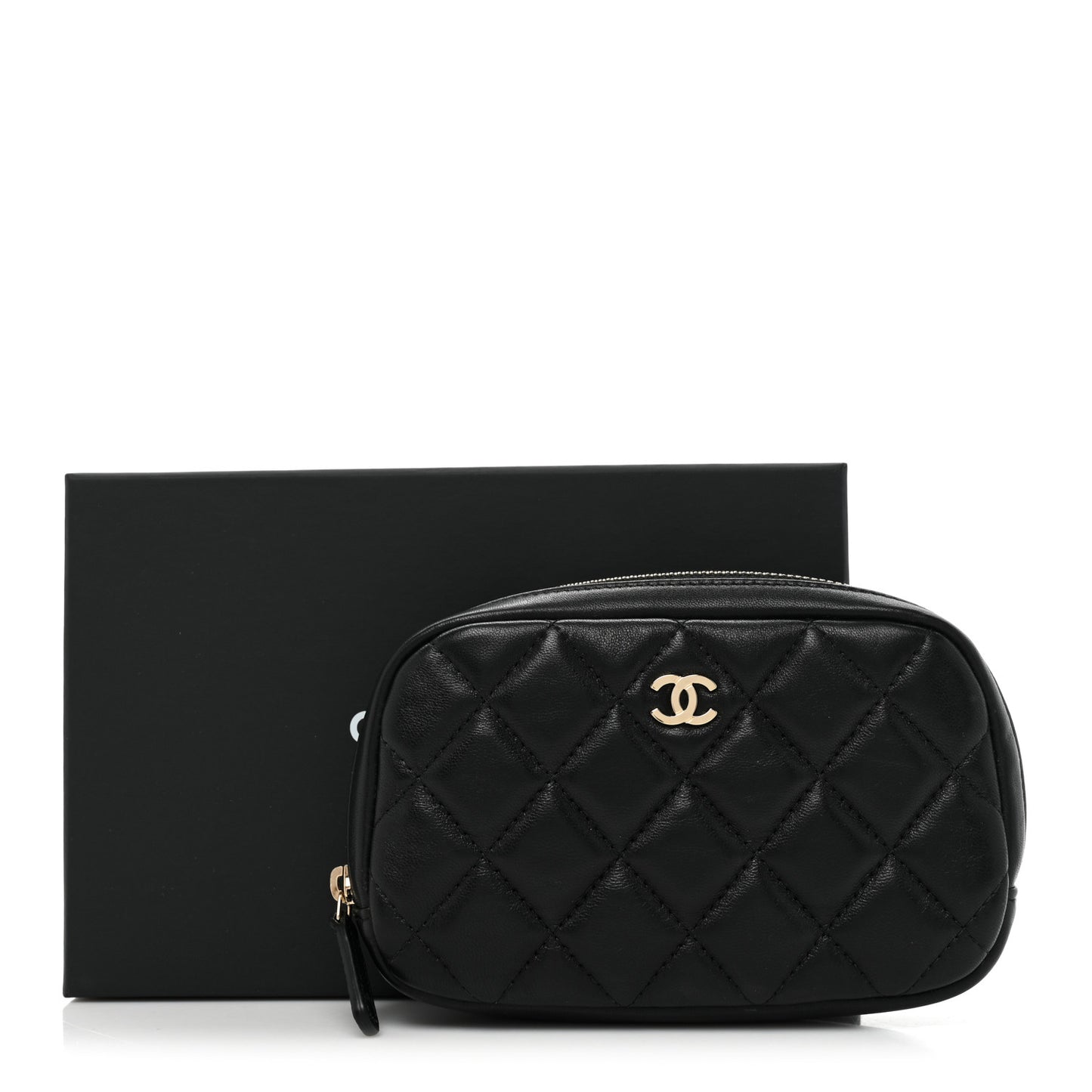 Lambskin Quilted Small Curvy Pouch Cosmetic Case Black