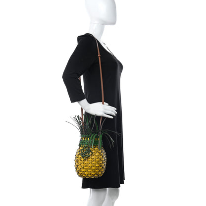 Loewe Calfskin Fringe Woven Pineapple Bucket Bag Yellow Green 2 of 10