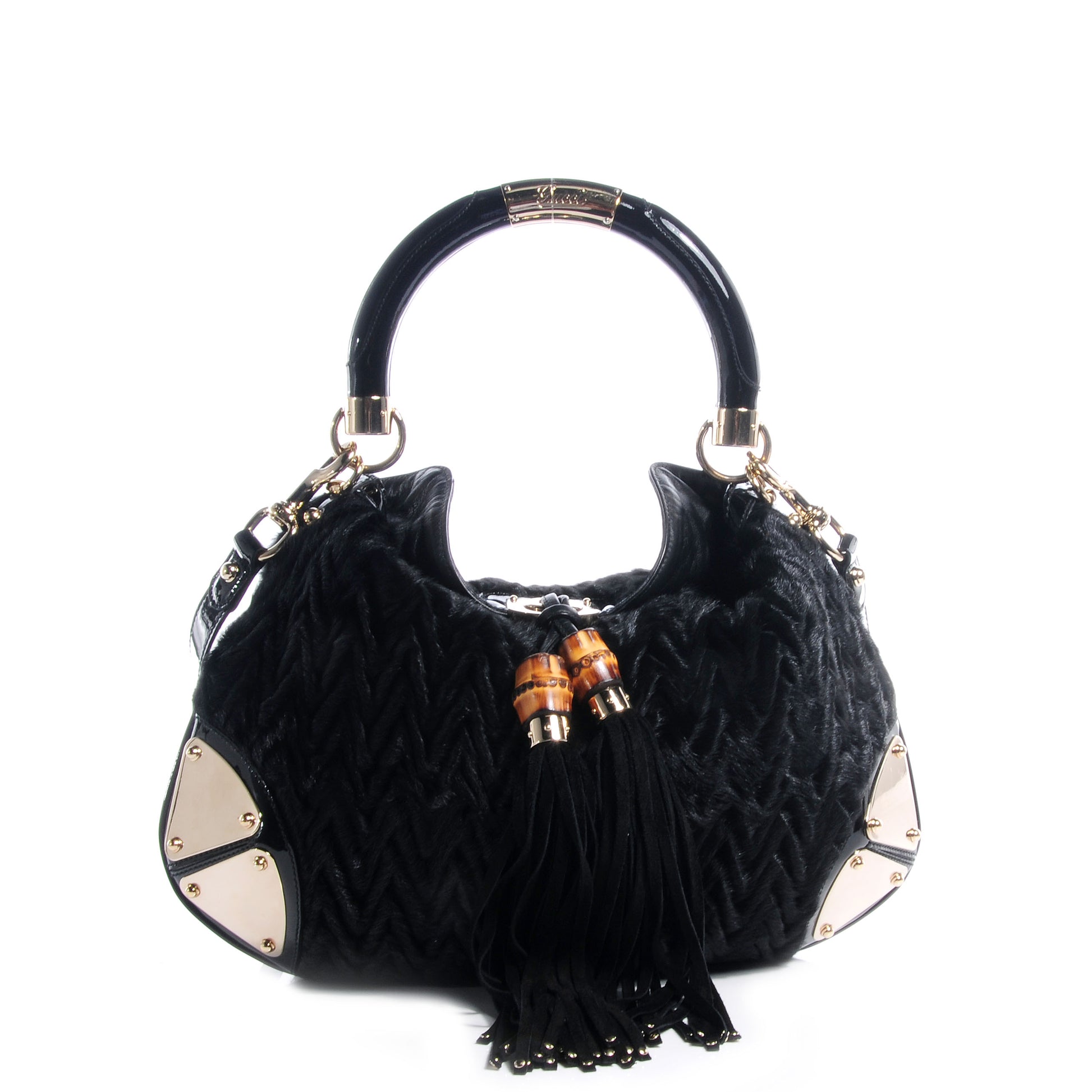 Gucci Patent Chevron Fur Medium Indy Hobo Black 1 of 7