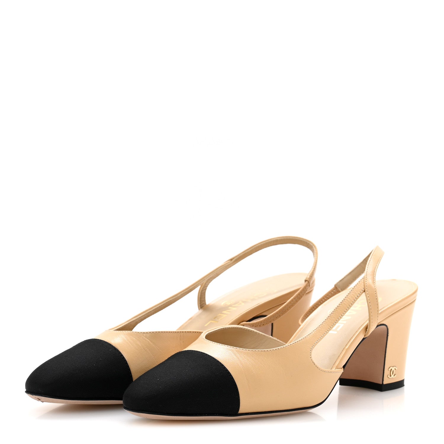 Chanel Goatskin Grosgrain Cap Toe CC Slingback Pumps 39 Beige Black 4 of 10
