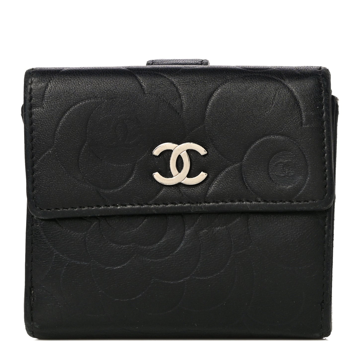 Lambskin Embossed Camellia French Wallet Black