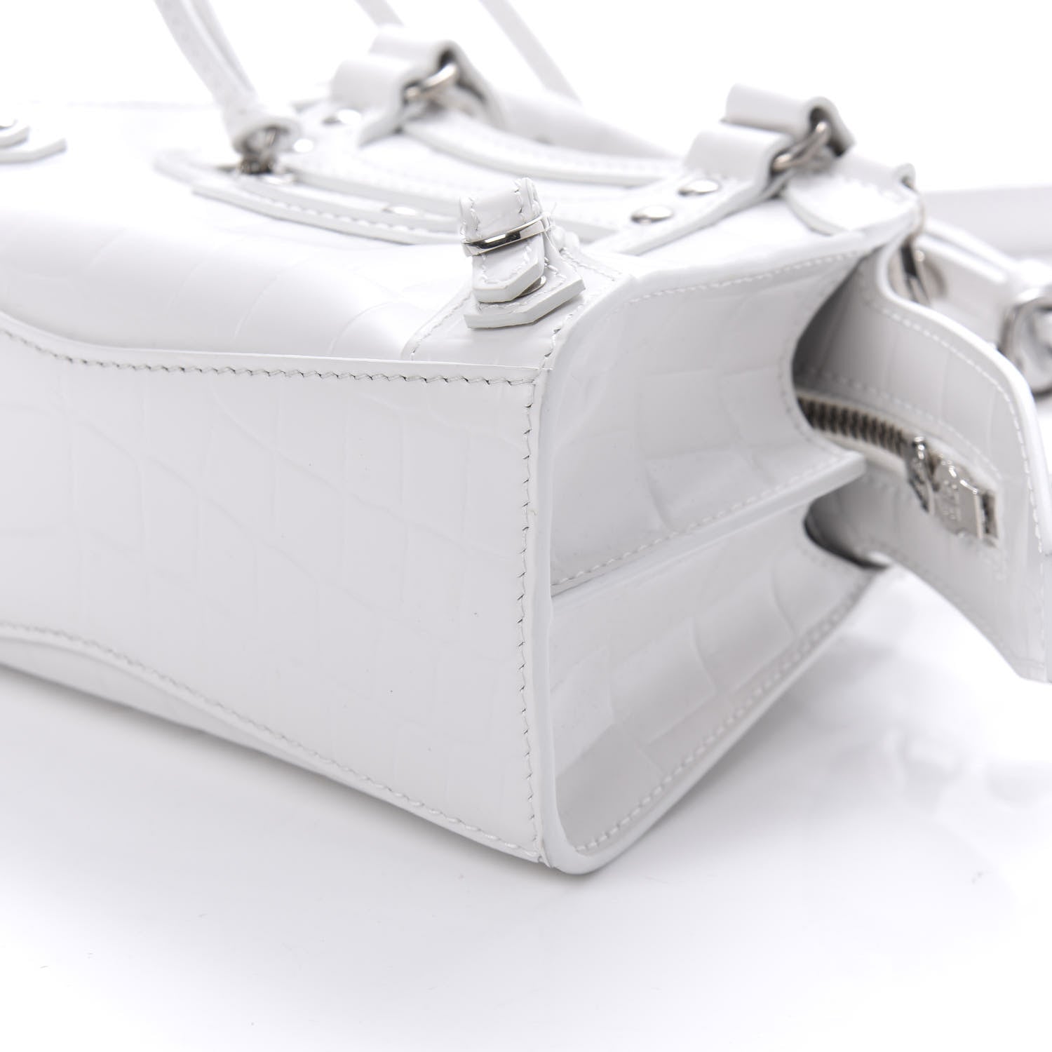 Balenciaga Semi Shiny Calfskin Crocodile Embossed Neo Classic Silver Hardware Mini City White 7 of 9