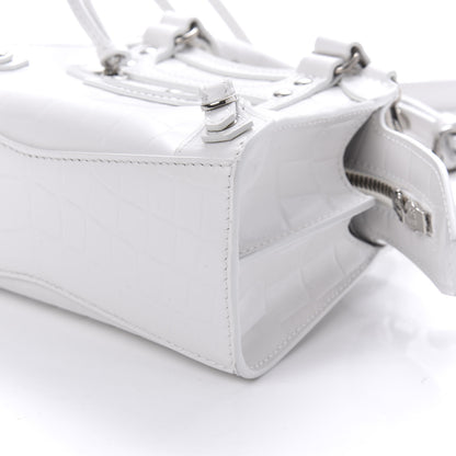 Balenciaga Semi Shiny Calfskin Crocodile Embossed Neo Classic Silver Hardware Mini City White 7 of 9