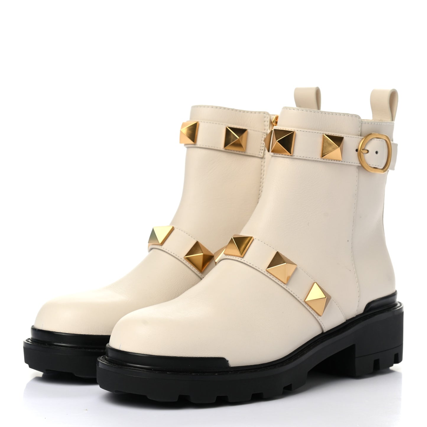 Calfskin Roman Stud Combat Boots 39 Light Ivory