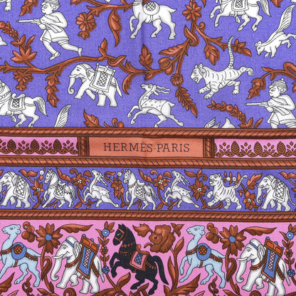 Hermes Cashmere Silk Chasse En Inde Shawl 140 Rose Bonbon Lavende Gris 5 of 5
