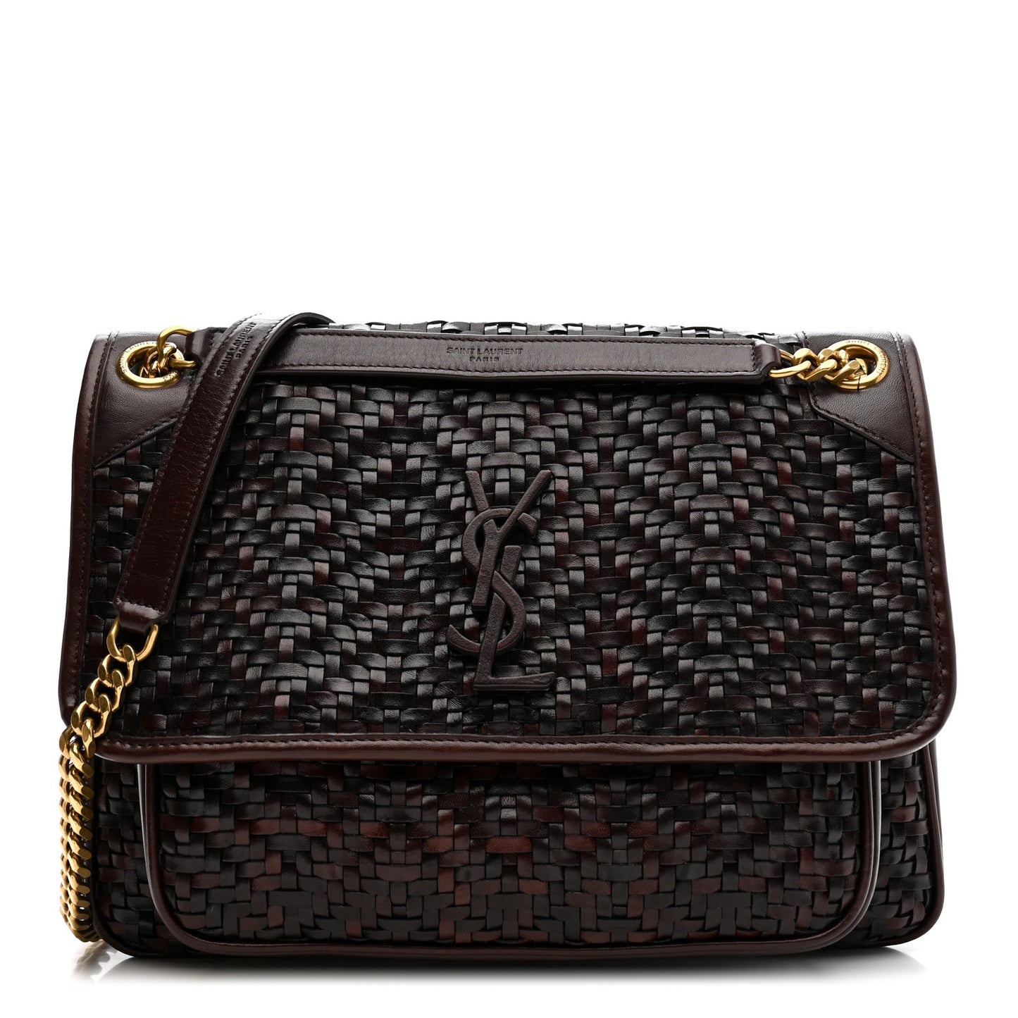 Calfskin Woven Monogram Medium Niki Chain Satchel Burnt Brown