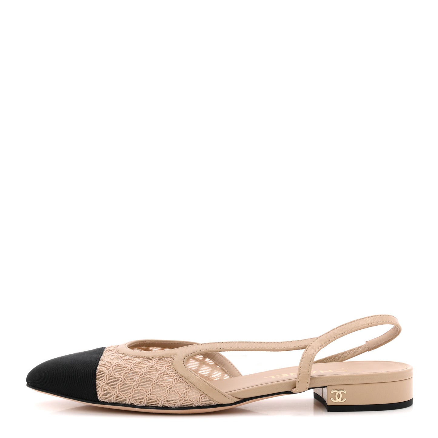 Embroidery Grosgrain Cap Toe CC Slingback Flats 38.5 Beige Black