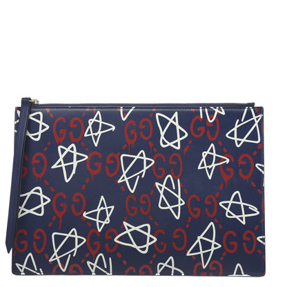 Gucci Calfskin GucciGhost Print Pouch Blue Agata Hibiscus Red 1 of 7
