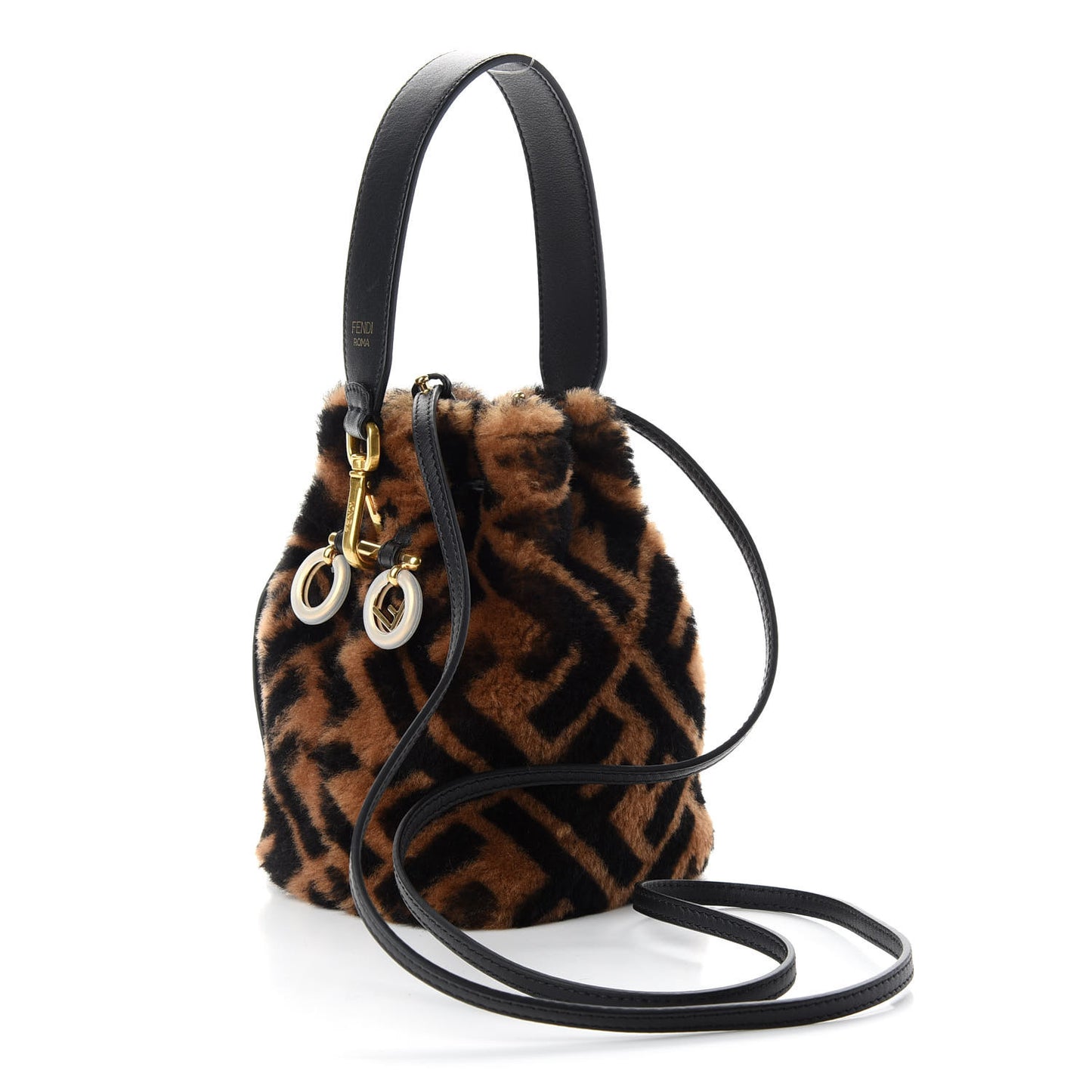 Shearling Vitello Dolce F is Fendi Macro FF 1974 Mini Mon Tresor Bucket Bag Tobacco Black