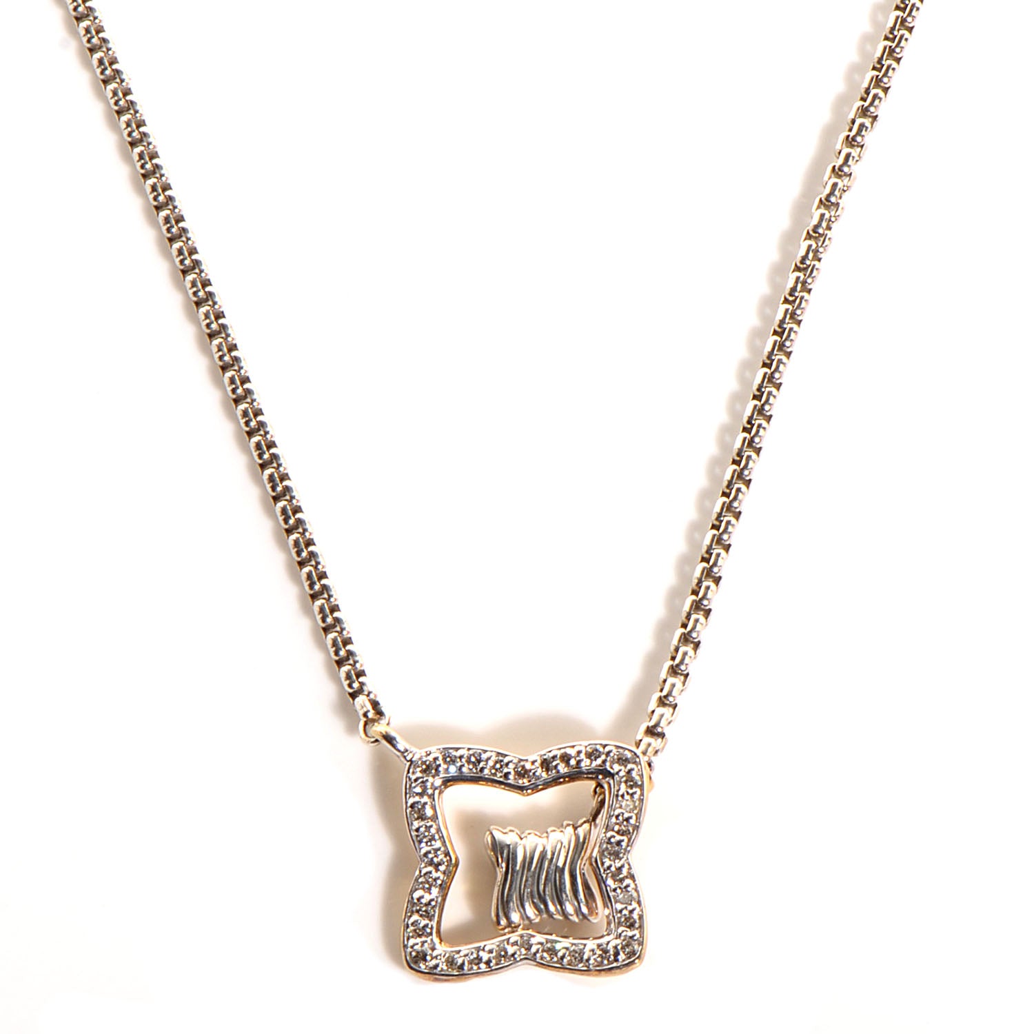 David Yurman Sterling Silver 18k Yellow Gold Pave Diamond 17mm Quatrefoil Lariat Necklace 1 of 5