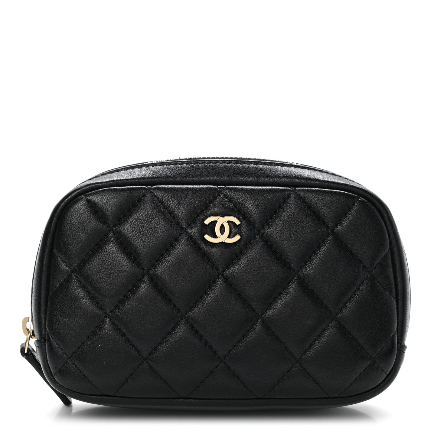 Lambskin Quilted Small Curvy Pouch Cosmetic Case Black