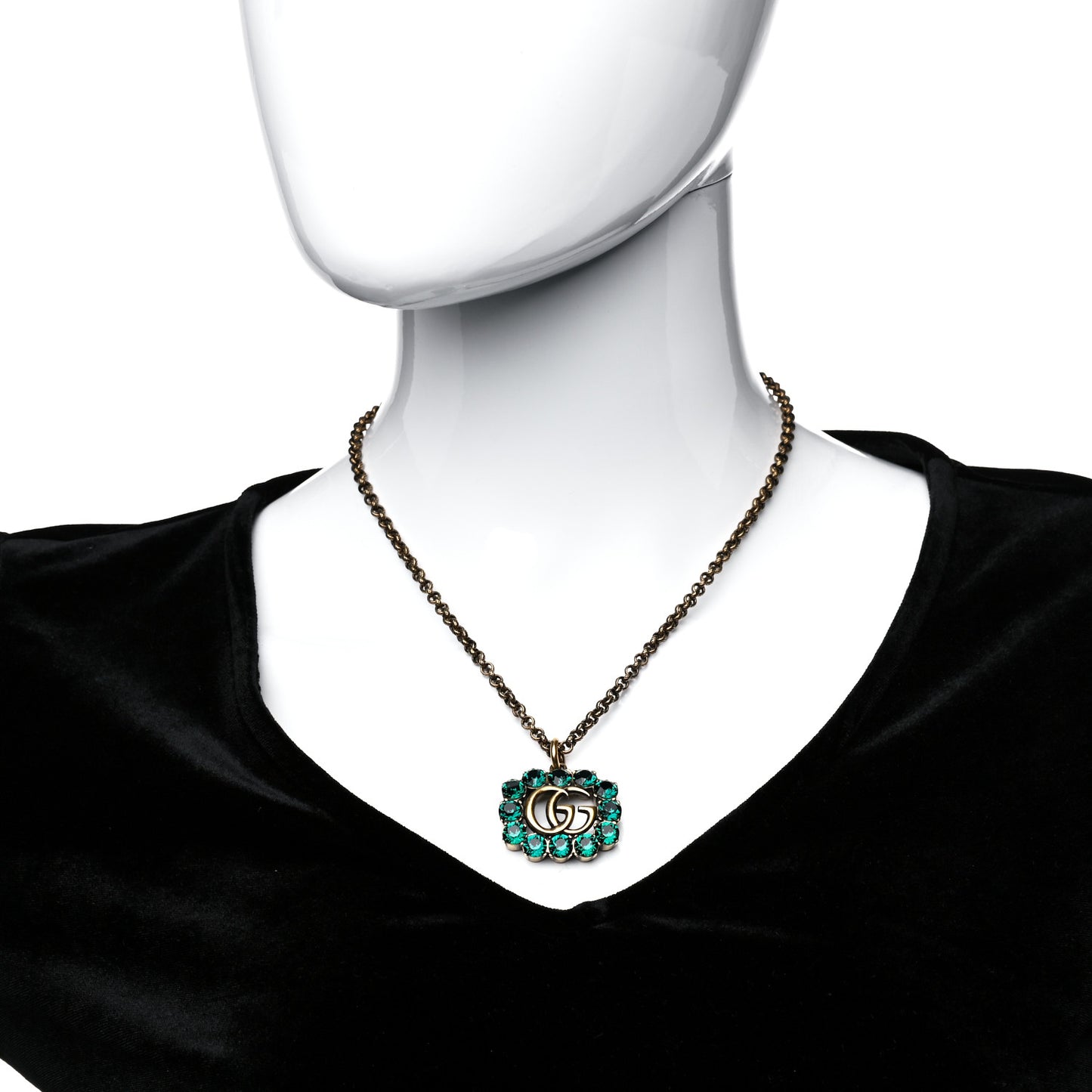 Crystal Embellished Double G Necklace Aged Gold Green