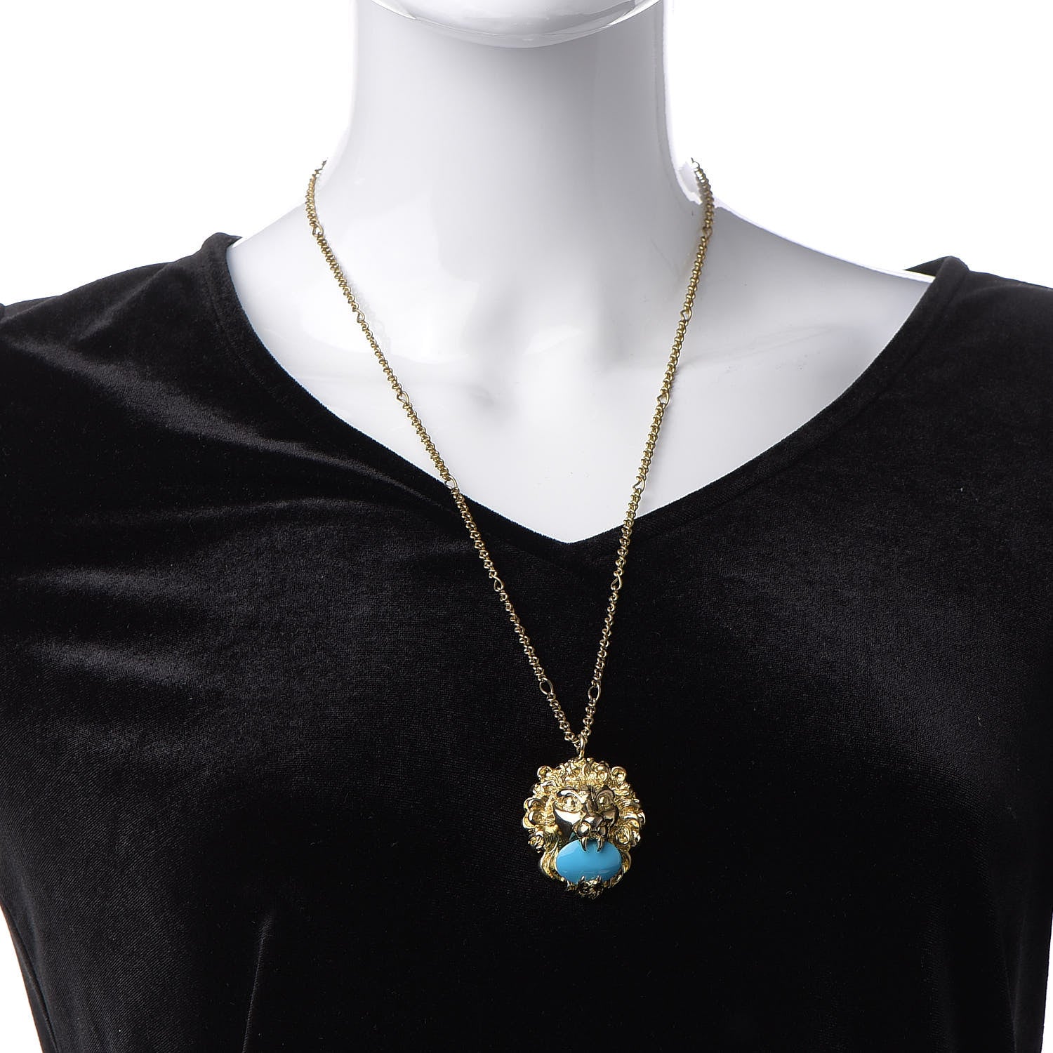 Gucci Metal Brass Swarovski Lion Head Necklace Gold Turquoise 2 of 5