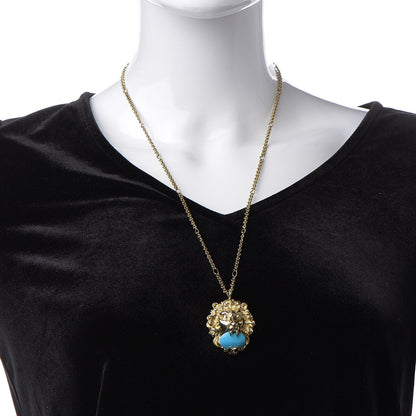 Gucci Metal Brass Swarovski Lion Head Necklace Gold Turquoise 2 of 5