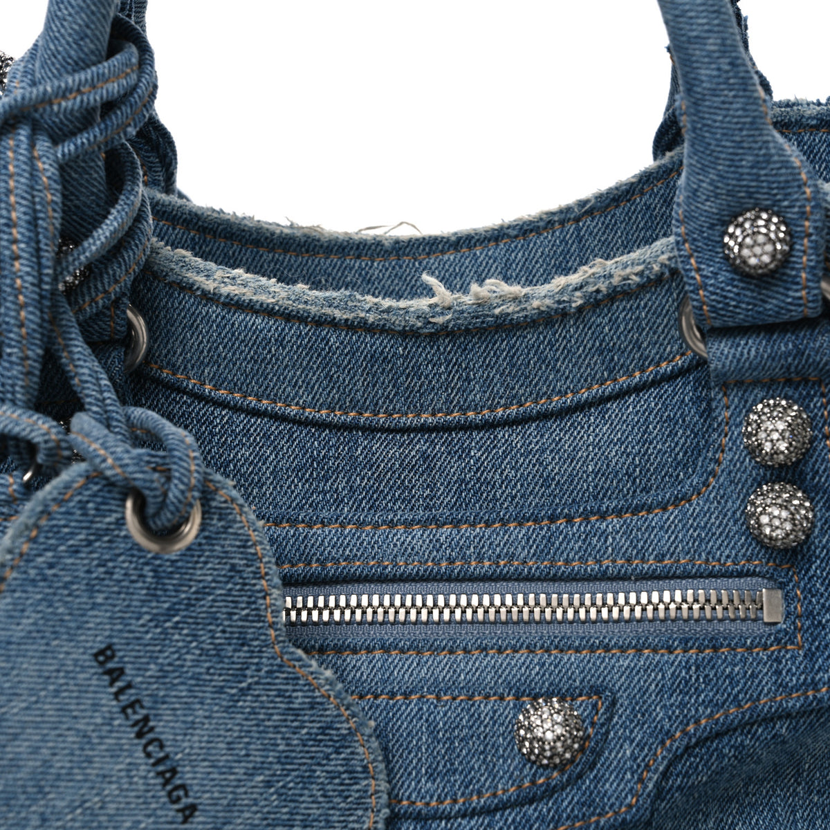 Washed Frayed Denim Crystal Neo Cagole City Handbag Blue