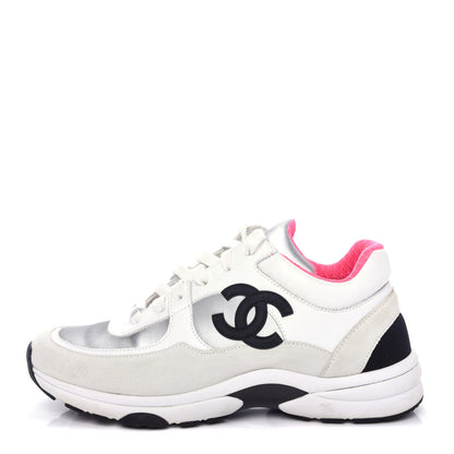Chanel Calfskin Fabric Sneakers 38 White Silver Fluo Pink 1 of 10