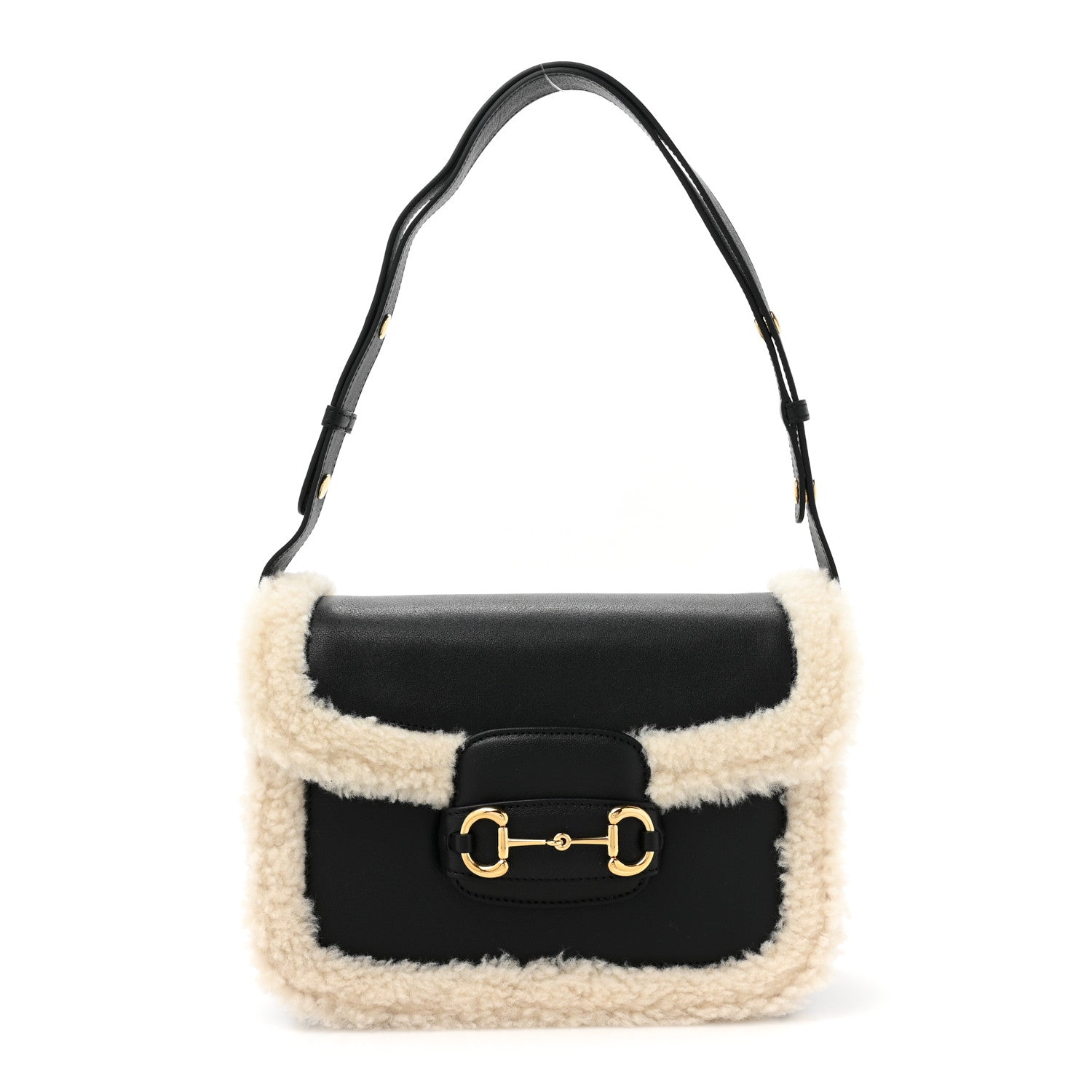 Gucci Sakai Be Green Calfskin Shearling Horsebit 1955 Shoulder Bag Black 1 of 12