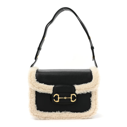 Gucci Sakai Be Green Calfskin Shearling Horsebit 1955 Shoulder Bag Black 1 of 12