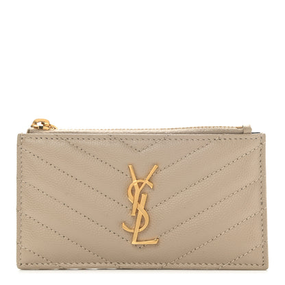 Saint Laurent Grain De Poudre Matelasse Chevron Monogram Fragments Zippered Card Case Sea Salt 1 of 8