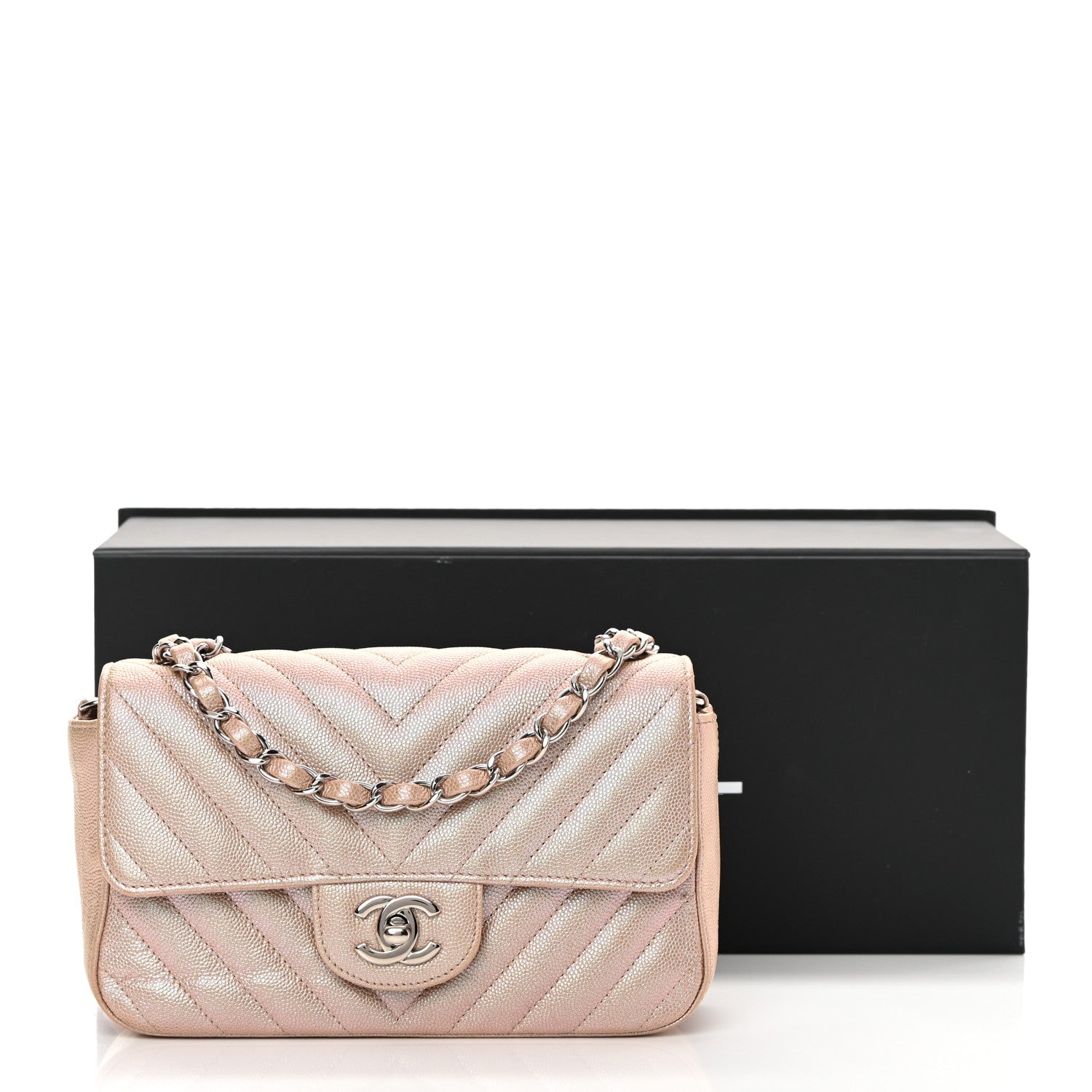 Chanel Iridescent Caviar Chevron Quilted Mini Rectangular Flap Light Gold 12 of 12