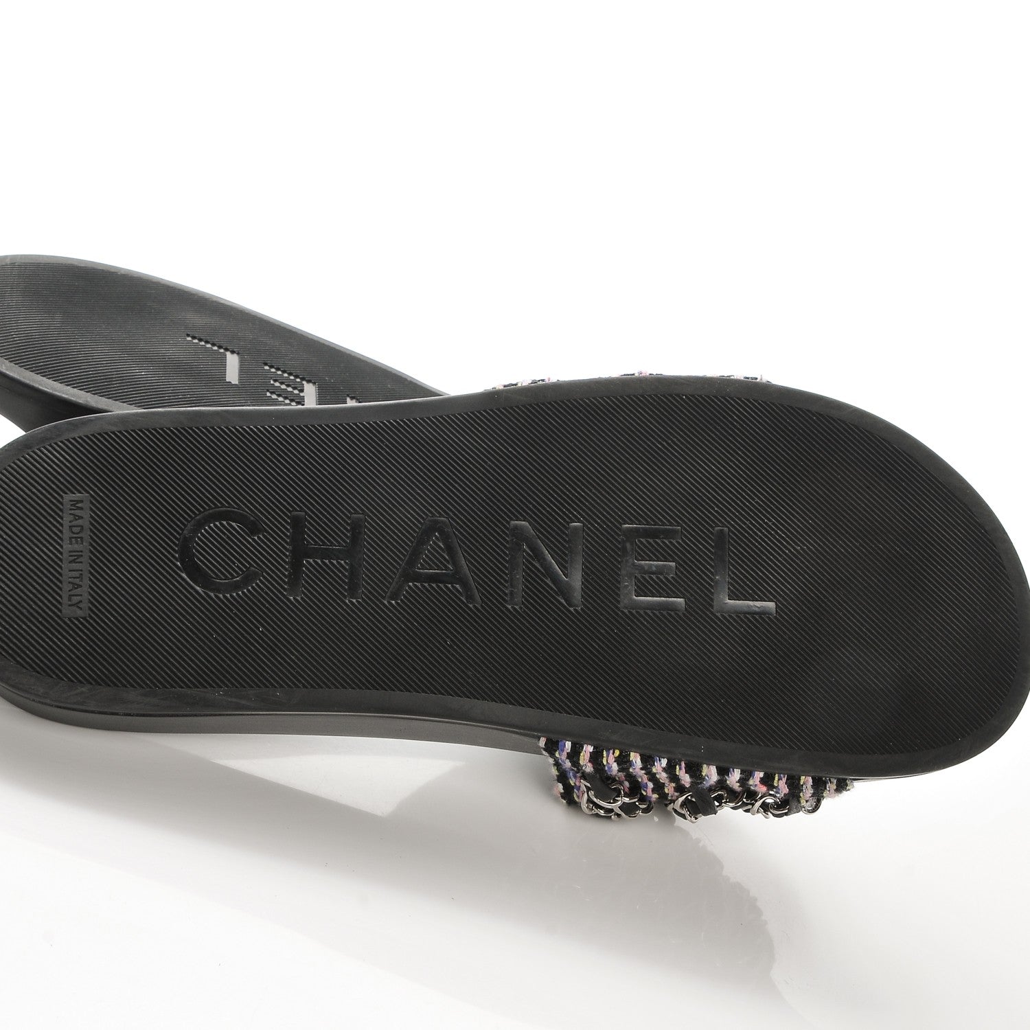 Chanel Tweed Lambskin Chain Flat Sandals 39 Black Multicolor 6 of 9