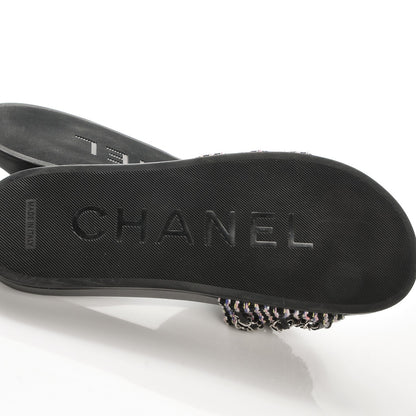Chanel Tweed Lambskin Chain Flat Sandals 39 Black Multicolor 6 of 9