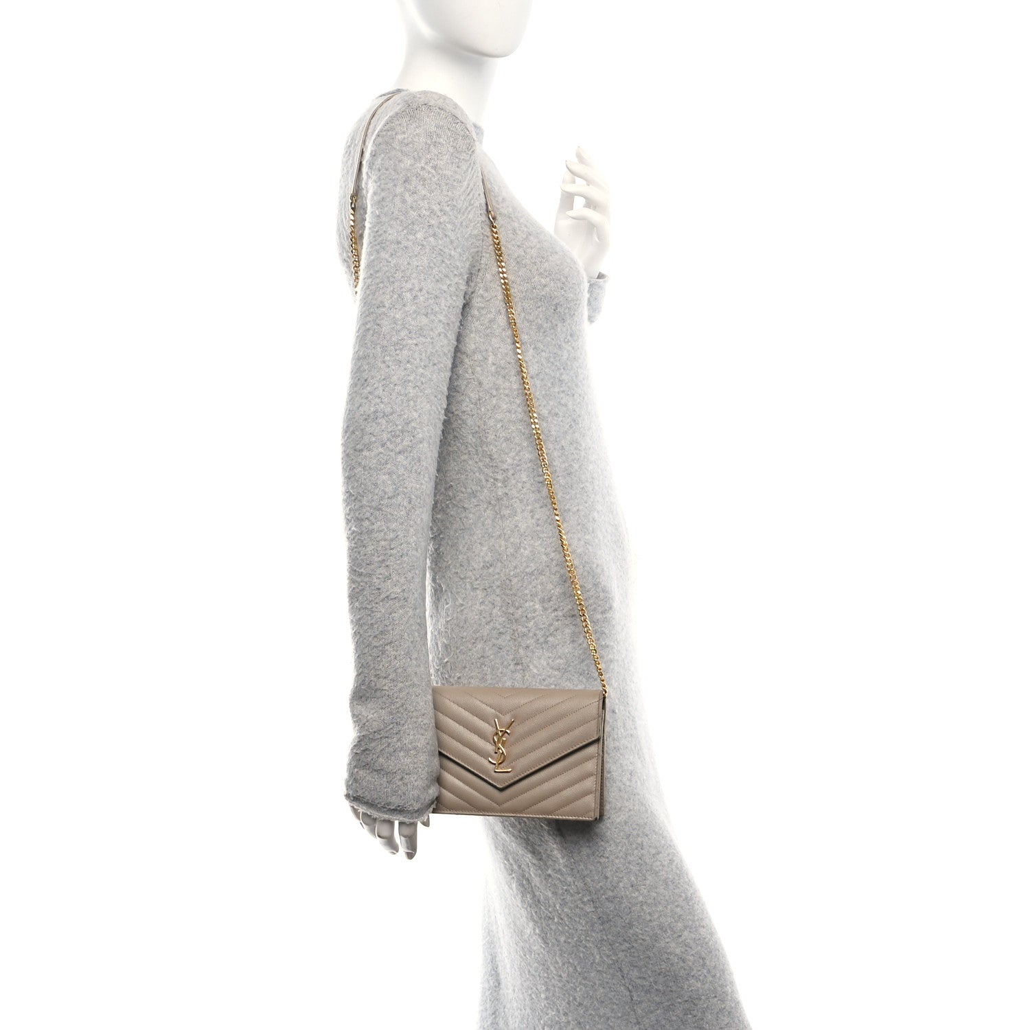 Saint Laurent Grain De Poudre Matelasse Chevron Monogram Envelope Chain Wallet Dark Beige 2 of 13