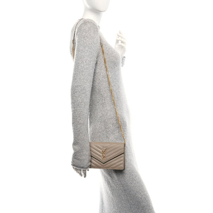 Saint Laurent Grain De Poudre Matelasse Chevron Monogram Envelope Chain Wallet Dark Beige 2 of 13