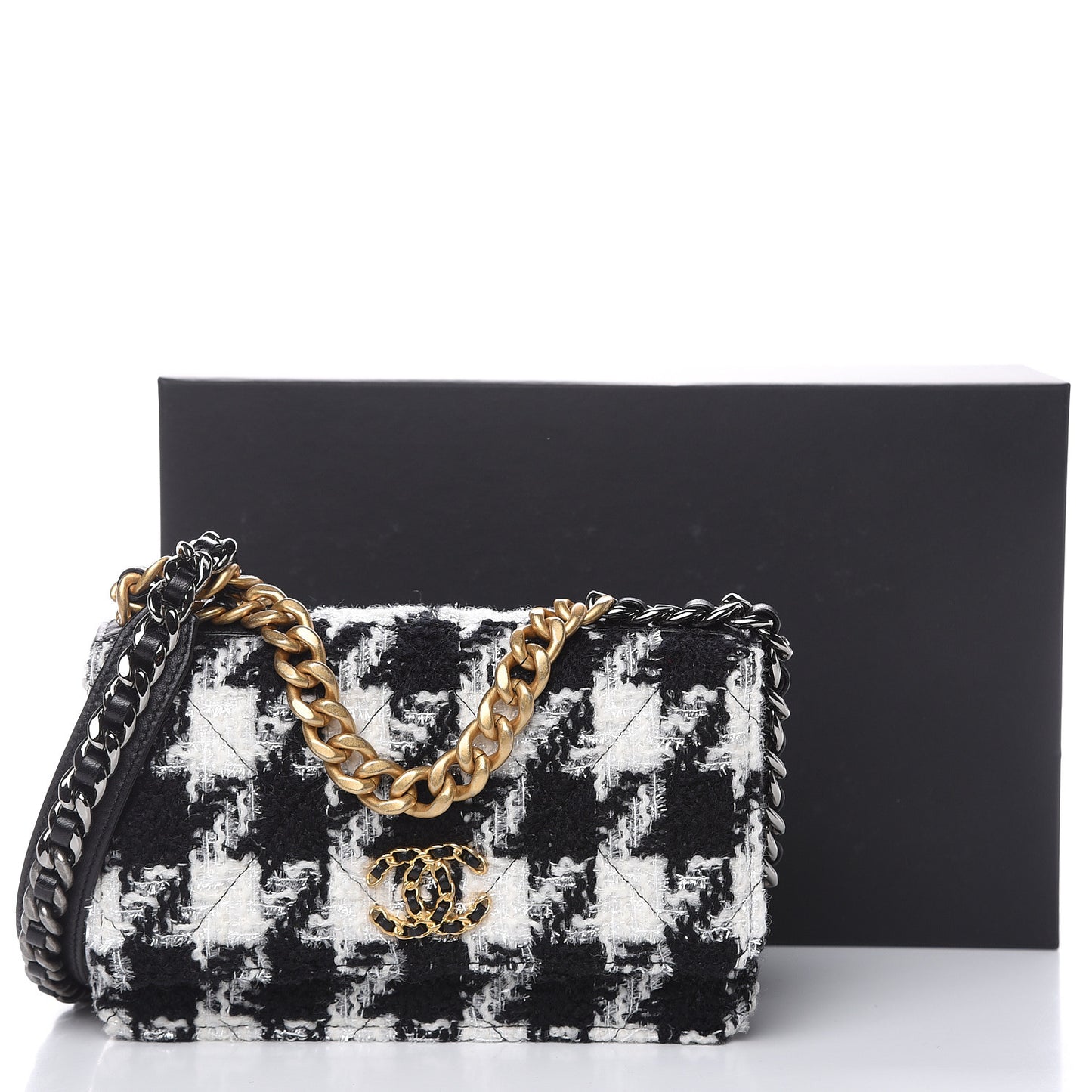 Wool Tweed Lambskin Quilted 19 Wallet On Chain WOC and Coin Purse Black White