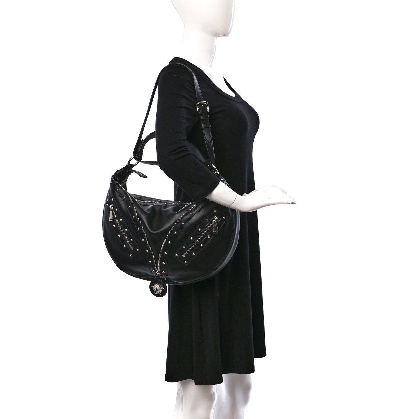 Calfskin Studded Medium Repeat Zip Hobo Black