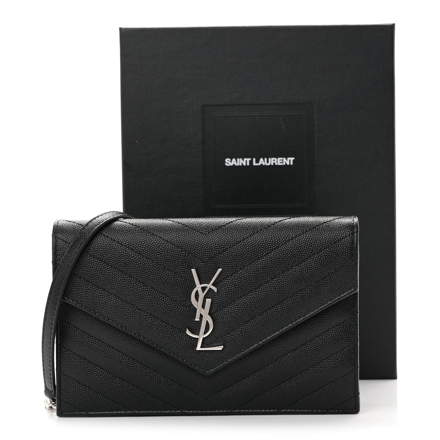 Grain De Poudre Matelasse Chevron Monogram Envelope Chain Wallet Black