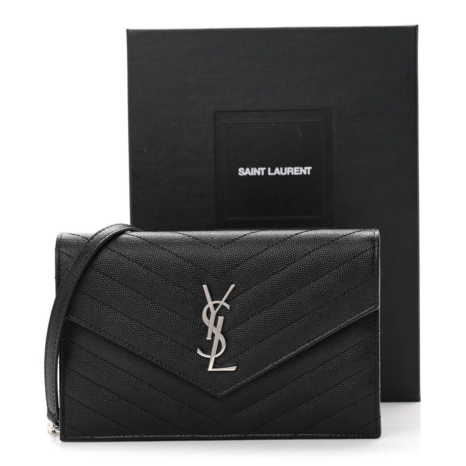 Saint Laurent Grain De Poudre Matelasse Chevron Monogram Envelope Chain Wallet Black 10 of 10