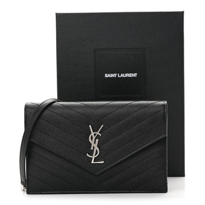 Saint Laurent Grain De Poudre Matelasse Chevron Monogram Envelope Chain Wallet Black 10 of 10