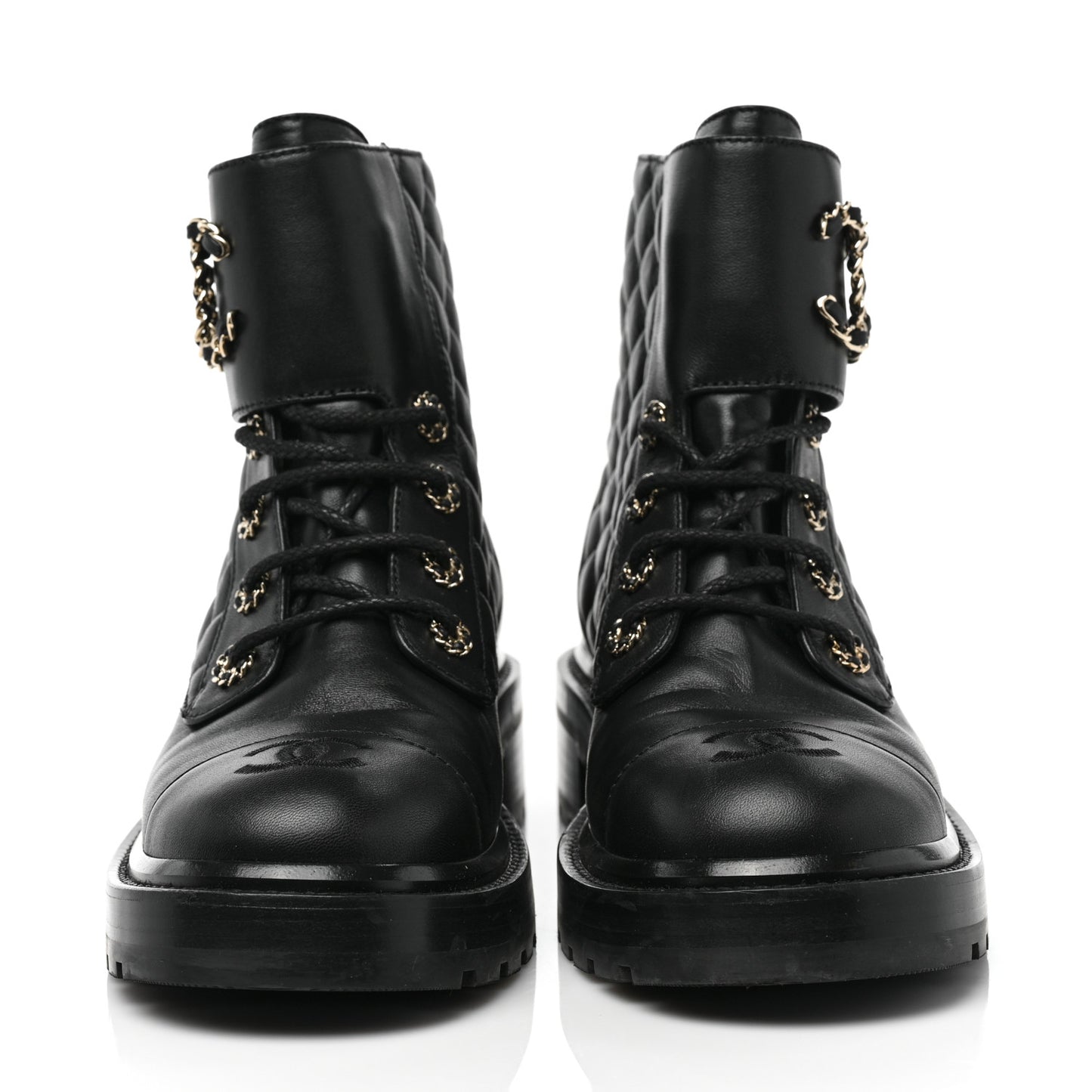 Shiny Goatskin Calfskin Quilted Lace Up Combat Boots 39 Black
