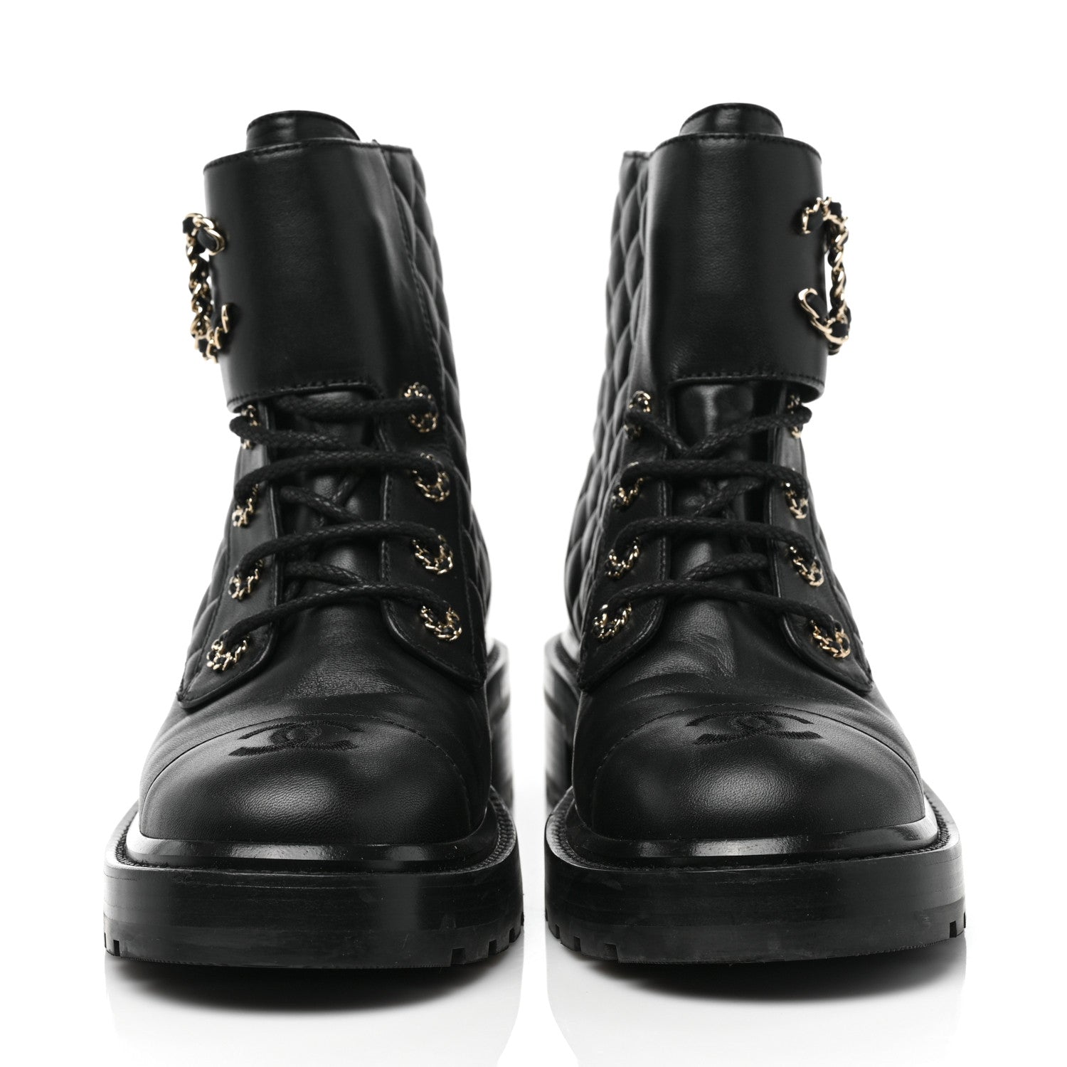 Chanel Shiny Goatskin Calfskin Quilted Lace Up Combat Boots 39 Black 2 of 9