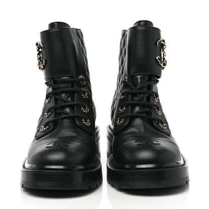 Chanel Shiny Goatskin Calfskin Quilted Lace Up Combat Boots 39 Black 2 of 9